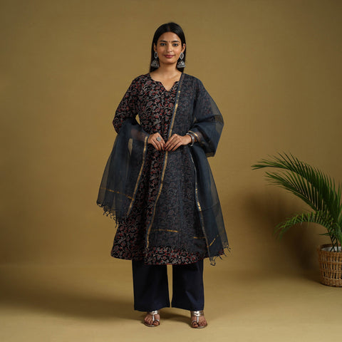 Black Block Print Cotton Ajrakh Kurta Set with Dupatta 
