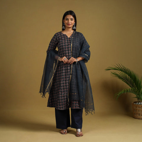 Buy Block Print Cotton Ajrakh Kurta Set with Dupatta 