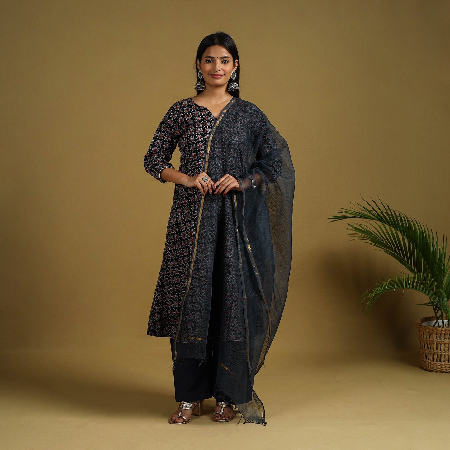 Buy Block Print Cotton Ajrakh Kurta Set with Dupatta 