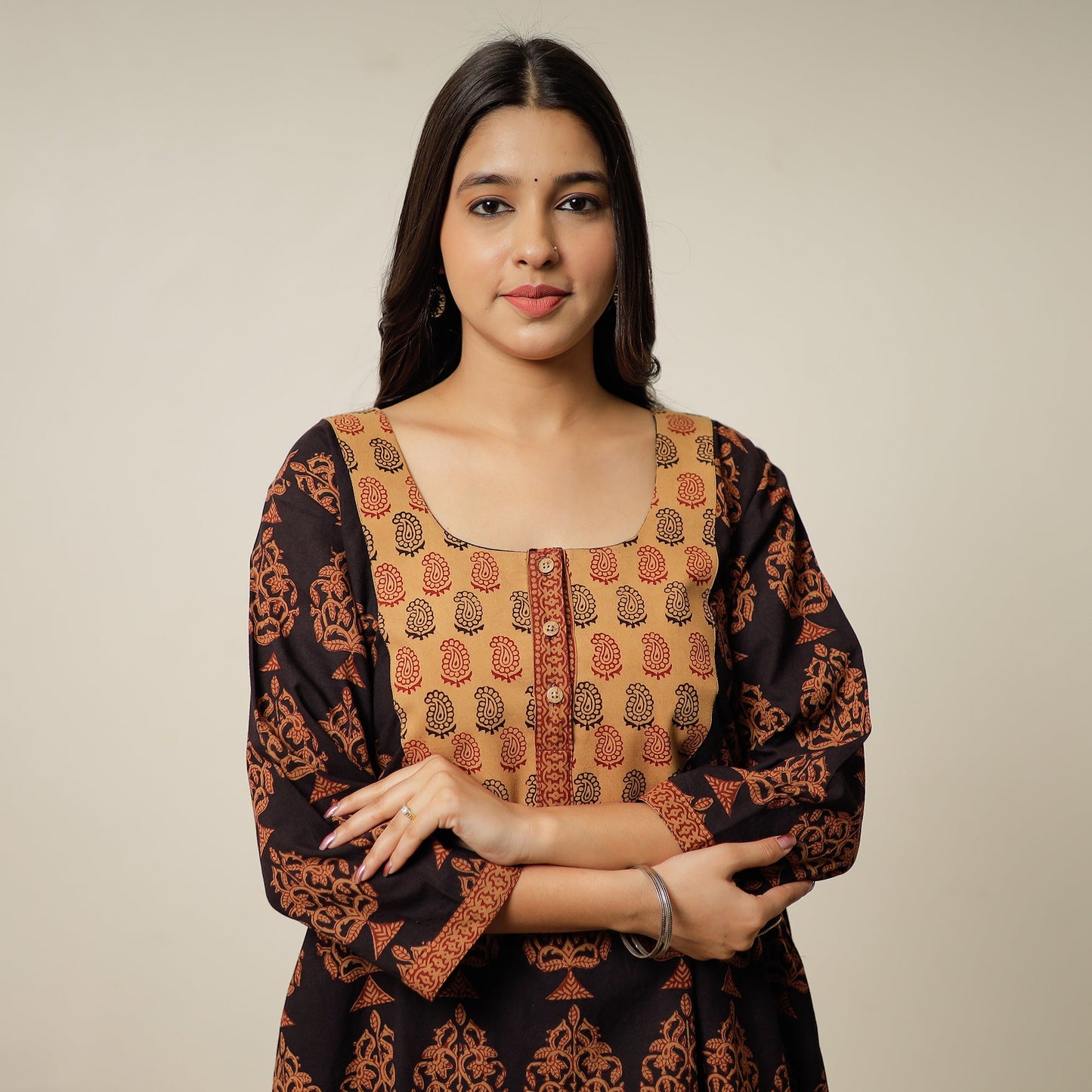 Black - Block Print Cotton A-Line Bagh Kurta 26