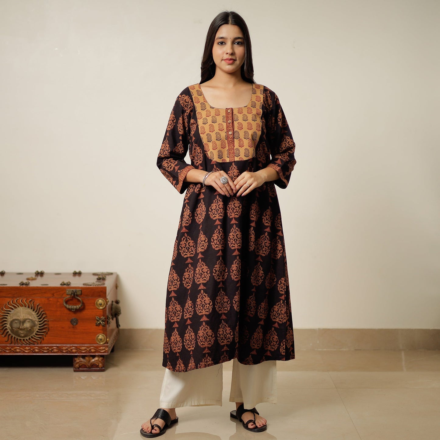 Black - Block Print Cotton A-Line Bagh Kurta 26