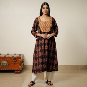 Black - Block Print Cotton A-Line Bagh Kurta 26