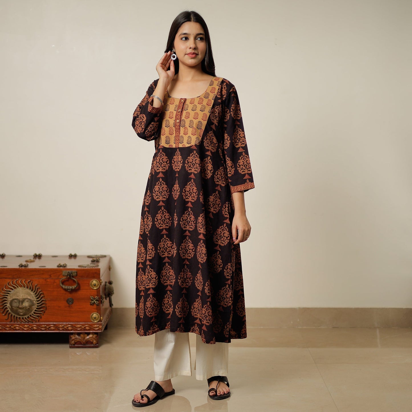 Black - Block Print Cotton A-Line Bagh Kurta 26