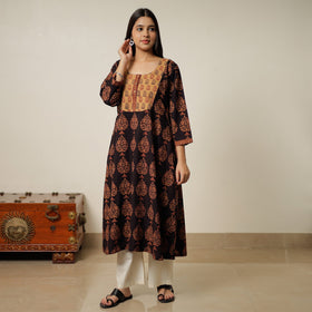 Black - Block Print Cotton A-Line Bagh Kurta 26