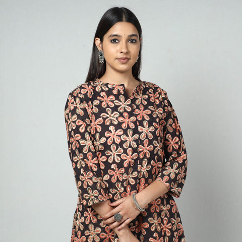 Black Block Print Cotton A-Line Kalamkari Kurta for Women