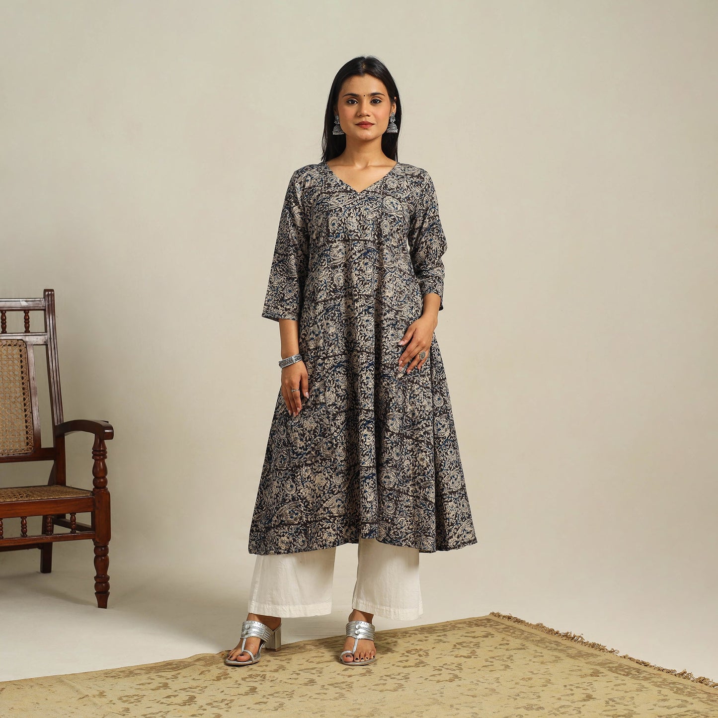 Black Block Print Cotton A-Line Kalamkari Kurta