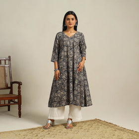 Black Block Print Cotton A-Line Kalamkari Kurta