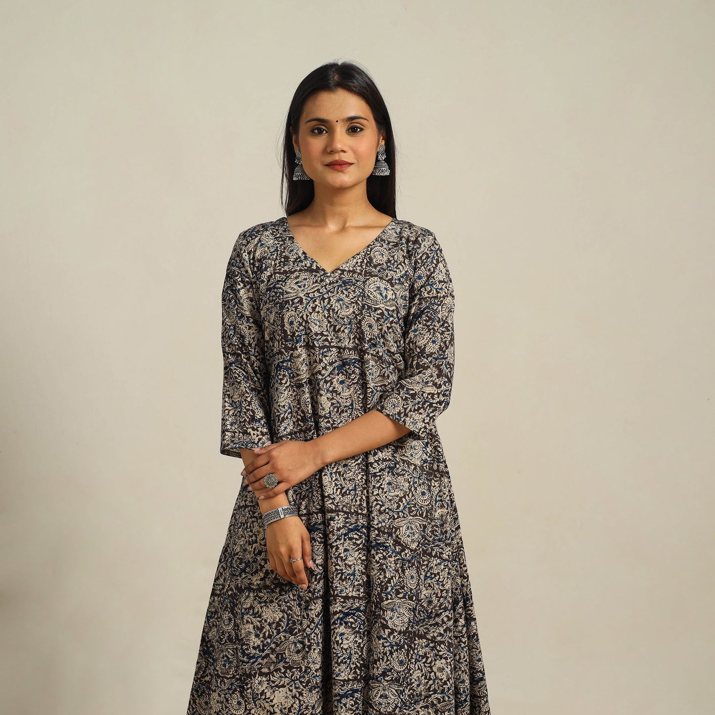 Black Block Print Cotton A-Line Kalamkari Kurta