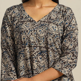 Black Block Print Cotton A-Line Kalamkari Kurta
