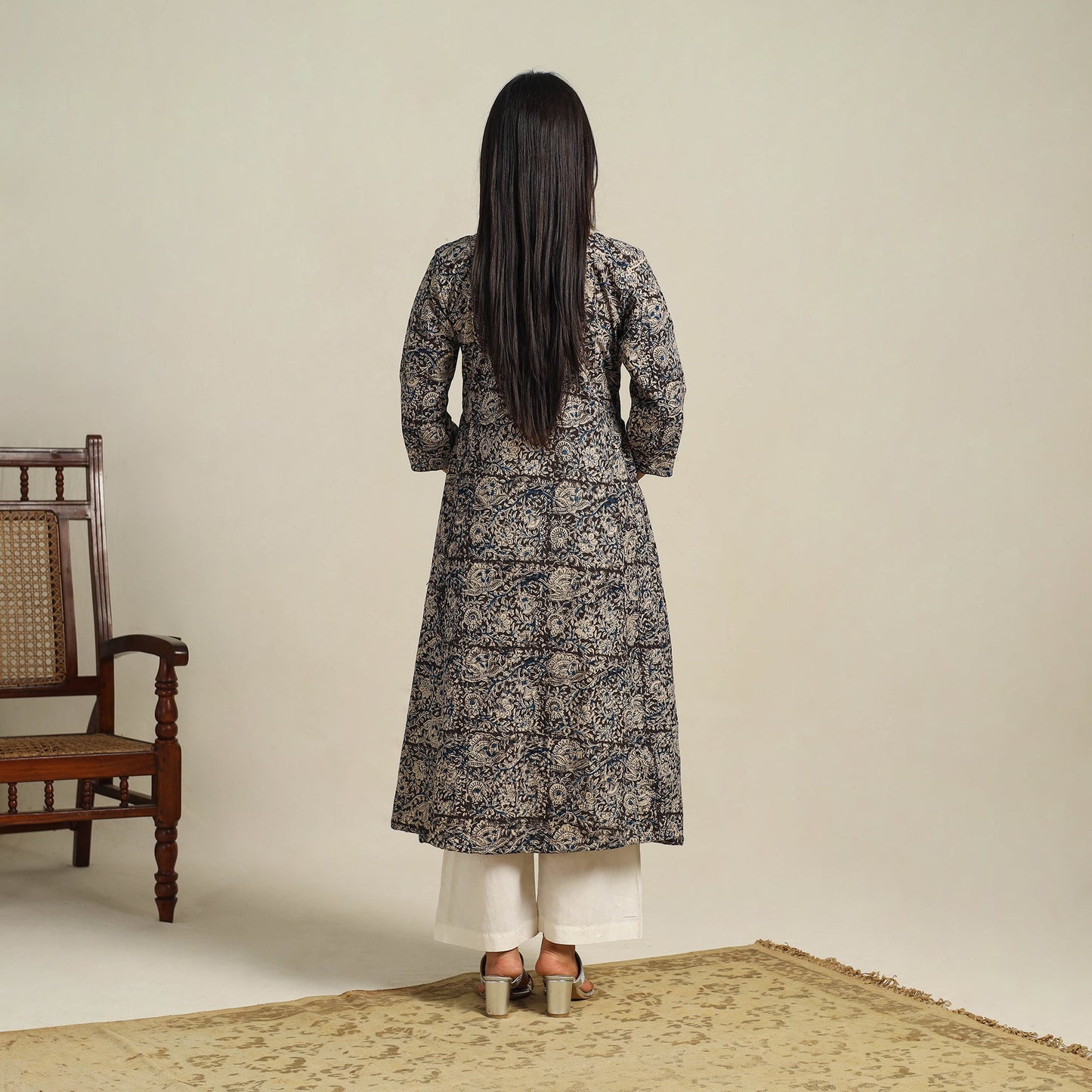 Black Block Print Cotton A-Line Kalamkari Kurta