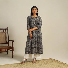 Black Block Print Cotton A-Line Kalamkari Kurta For Women