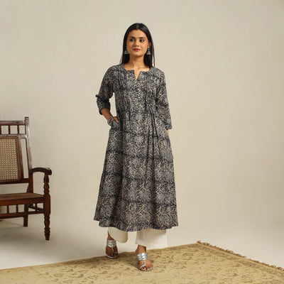 Black Block Print Cotton A-Line Kalamkari Kurta For Women