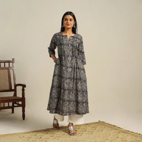  Black Block Print Cotton A-Line Kalamkari Kurta For Women