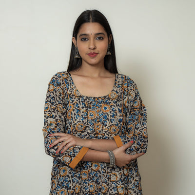 Buy Block Print Cotton A-Line Black Kalamkari Kurta for Women