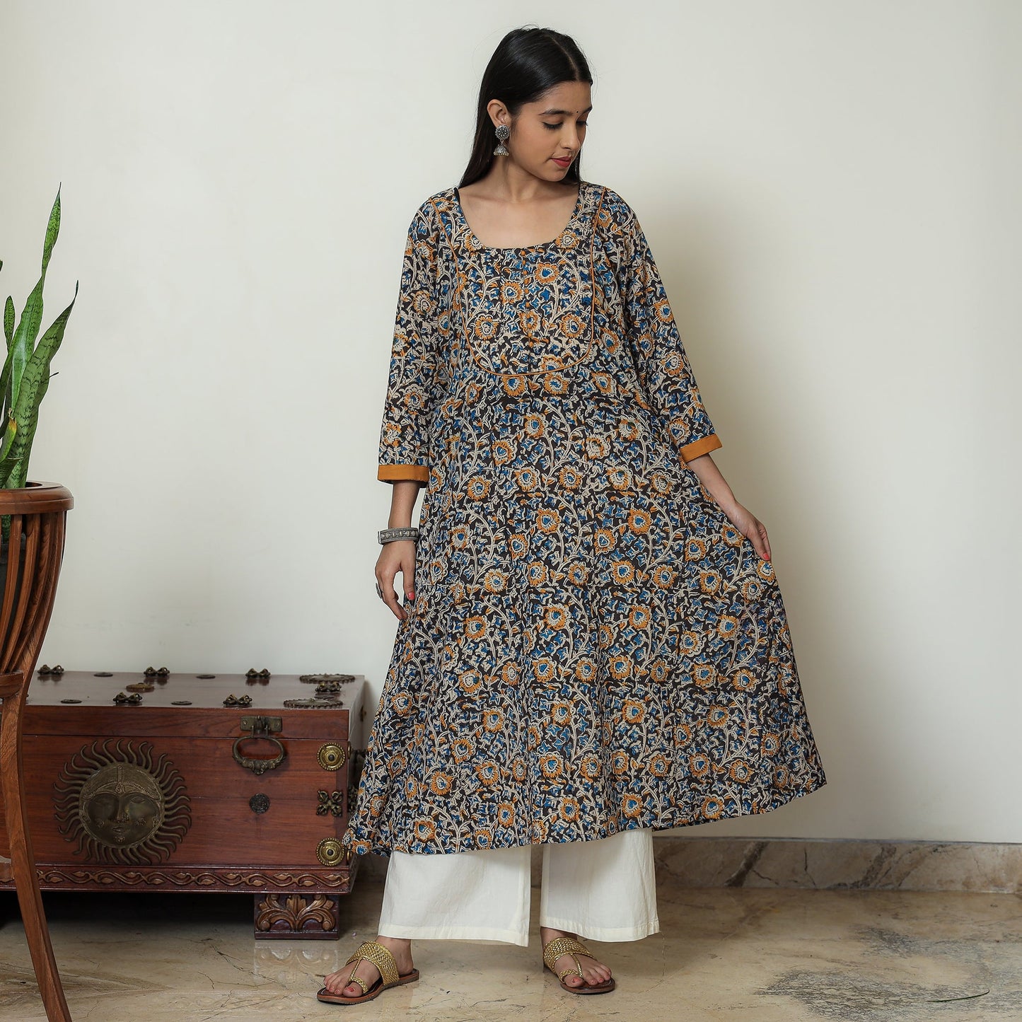 Buy Block Print Cotton A-Line Black Kalamkari Kurta for Women