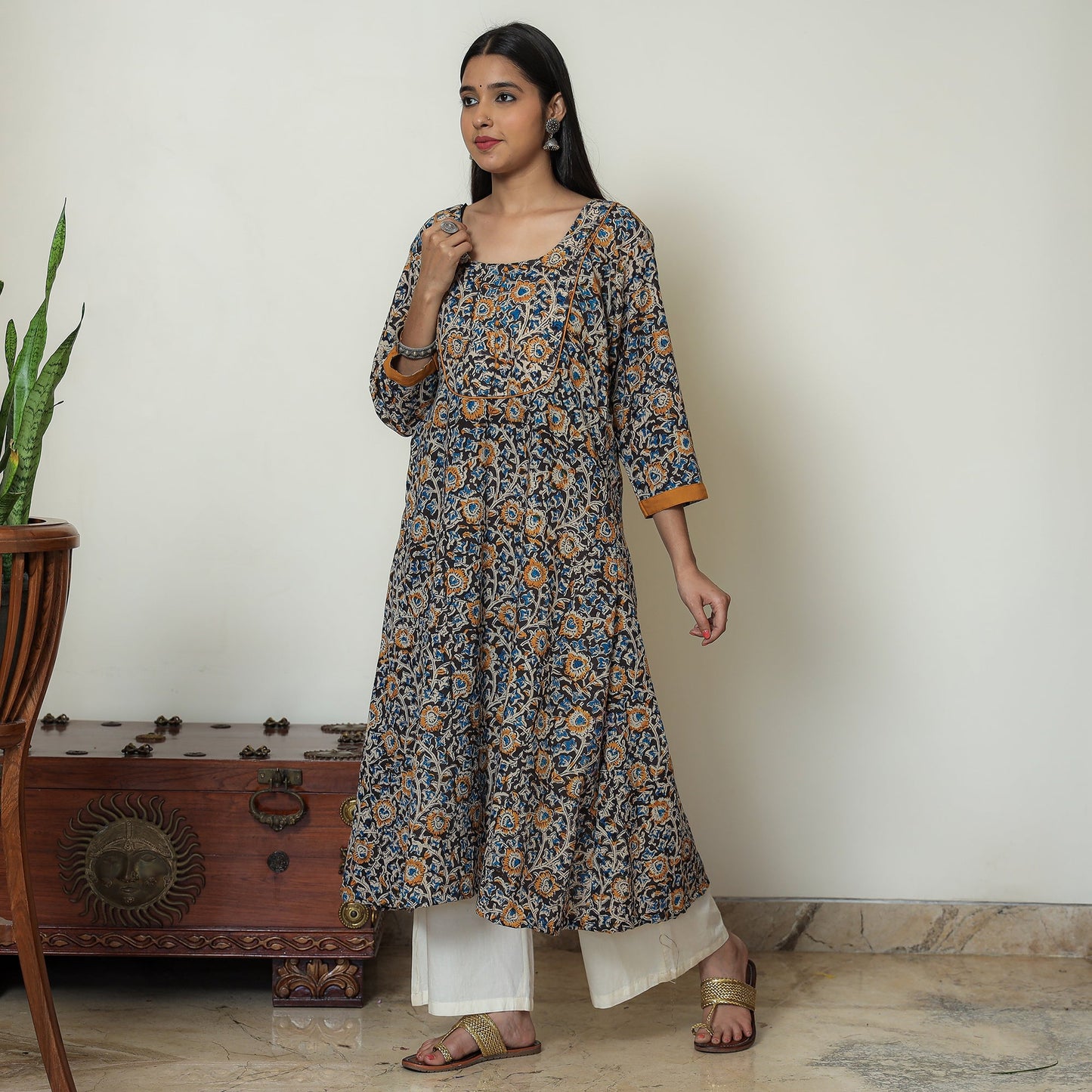 Buy Block Print Cotton A-Line Black Kalamkari Kurta for Women