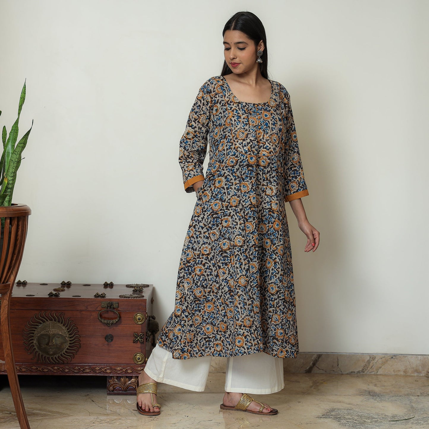 Buy Block Print Cotton A-Line Black Kalamkari Kurta for Women