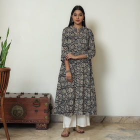  Black Block Print Cotton A-Line Kalamkari Kurta for Women