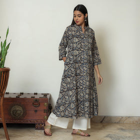  Black Block Print Cotton A-Line Kalamkari Kurta for Women