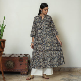  Black Block Print Cotton A-Line Kalamkari Kurta for Women