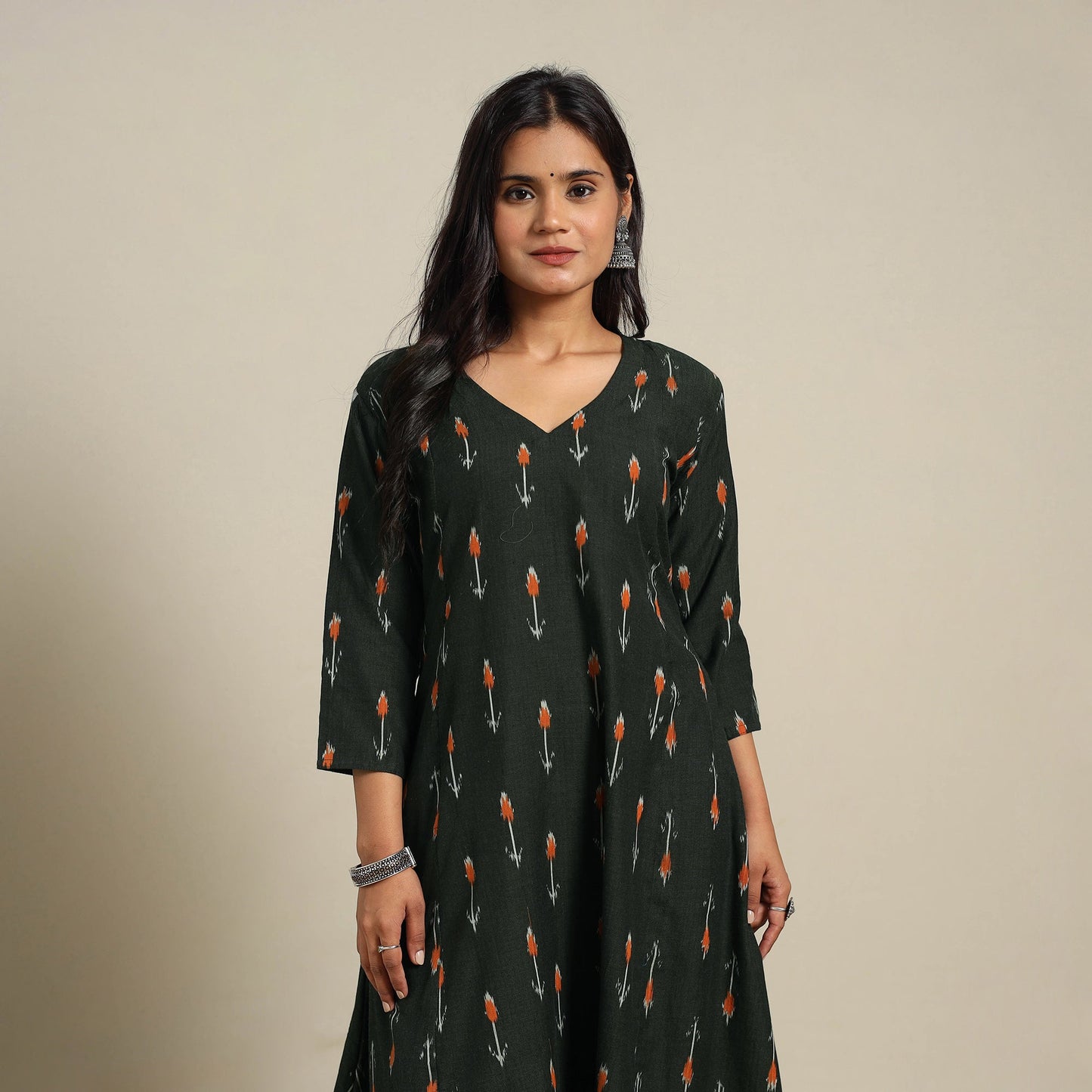 Black Cotton A-Line Pochampally Ikat Kurta