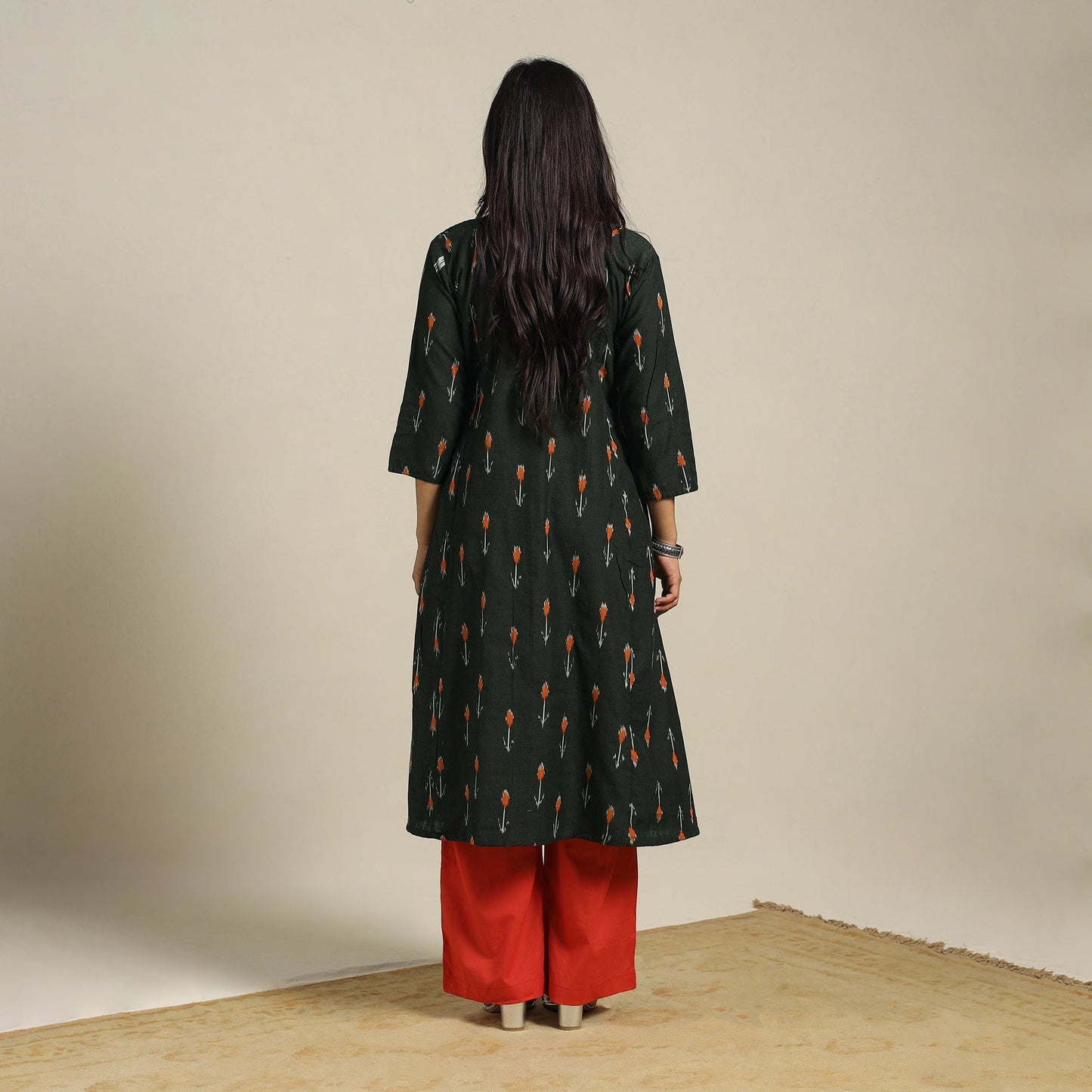 Black Cotton A-Line Pochampally Ikat Kurta