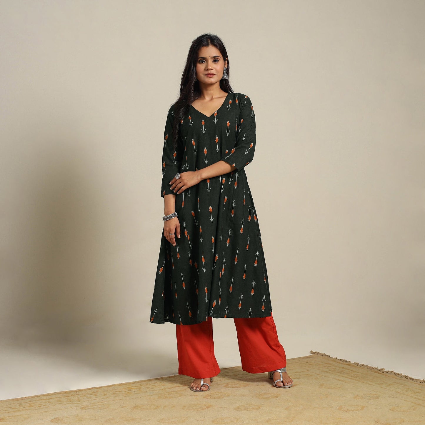 Black Cotton A-Line Pochampally Ikat Kurta