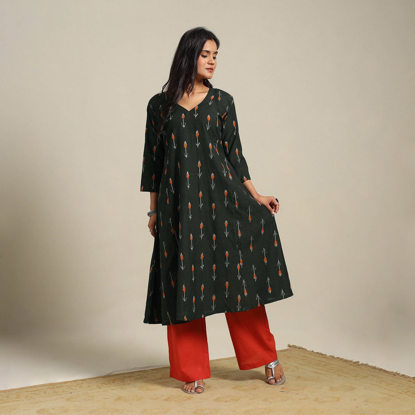 Black Cotton A-Line Pochampally Ikat Kurta