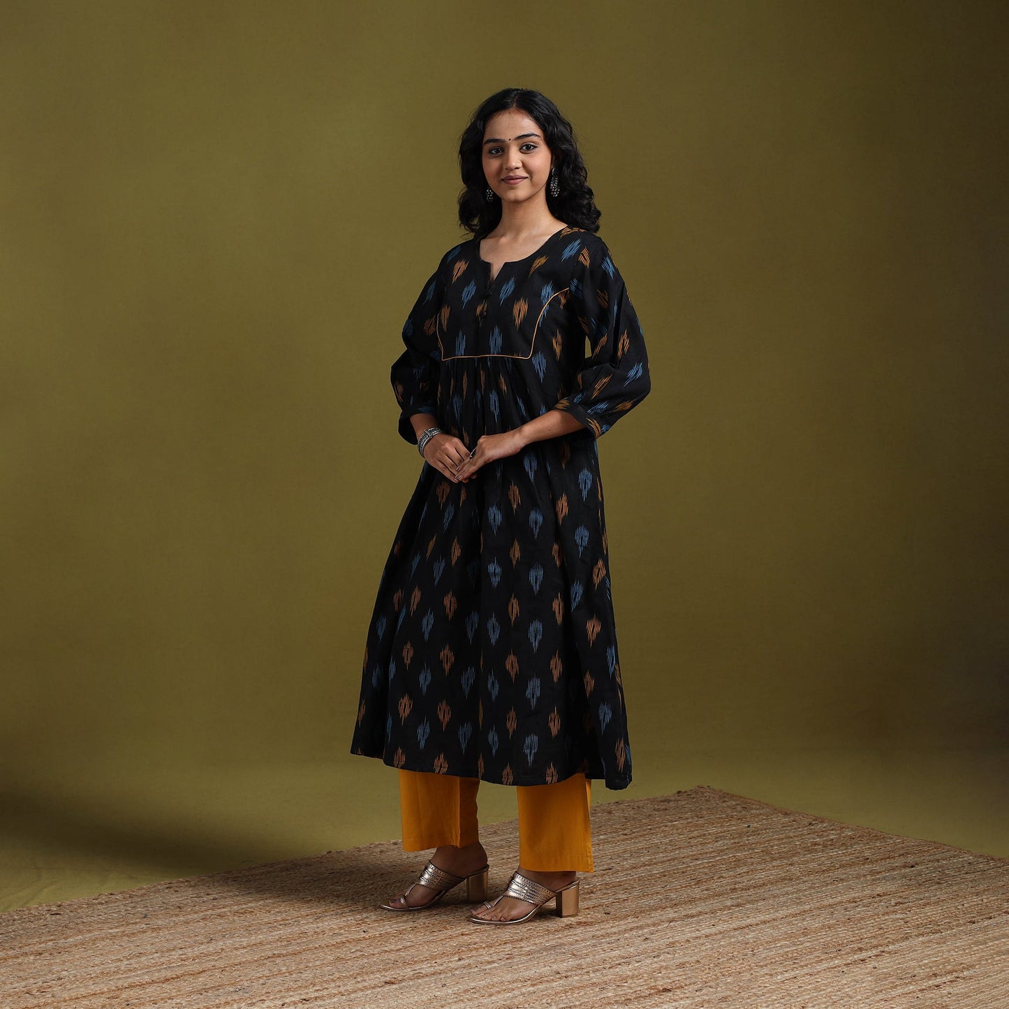 Cotton a-line pochampally ikat kurta for women 03