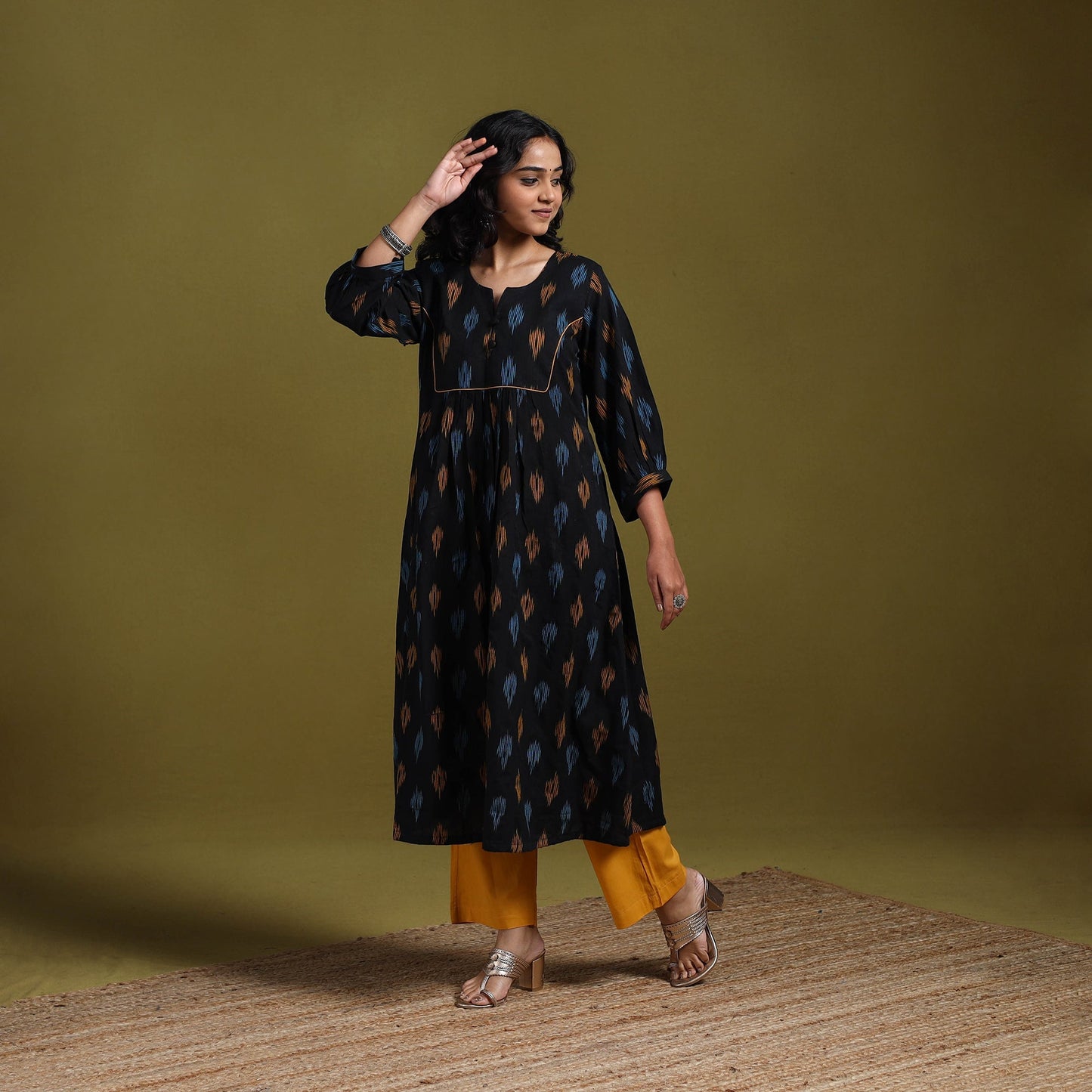 Cotton a-line pochampally ikat kurta for women 03