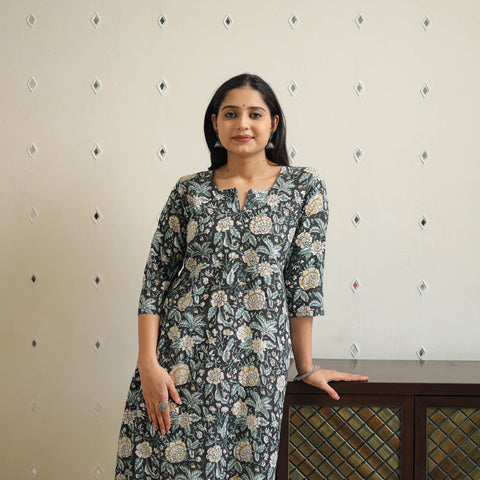 Black - cotton a-line sanganeri kurta 35 - handcrafted