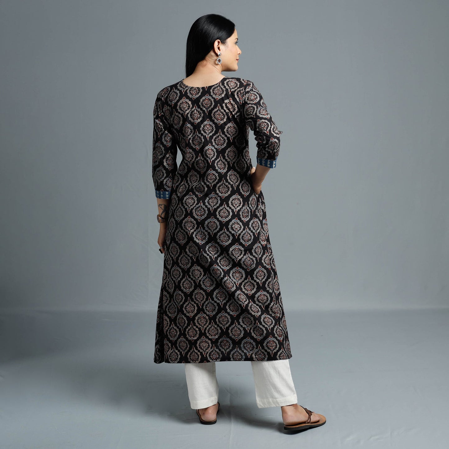 Black - Cotton Long Kurta in Ajrakh Block Prints of Kutch
