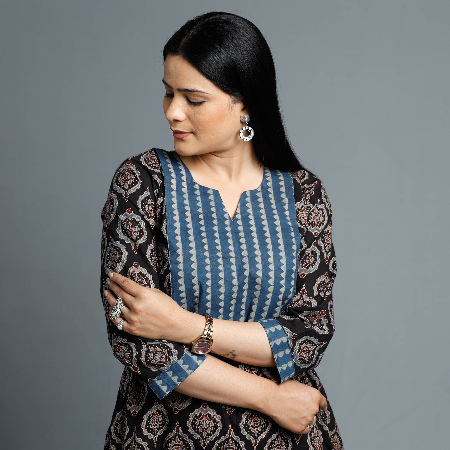 Black - Cotton Long Kurta in Ajrakh Block Prints of Kutch