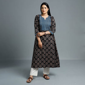 Black - Cotton Long Kurta in Ajrakh Block Prints of Kutch