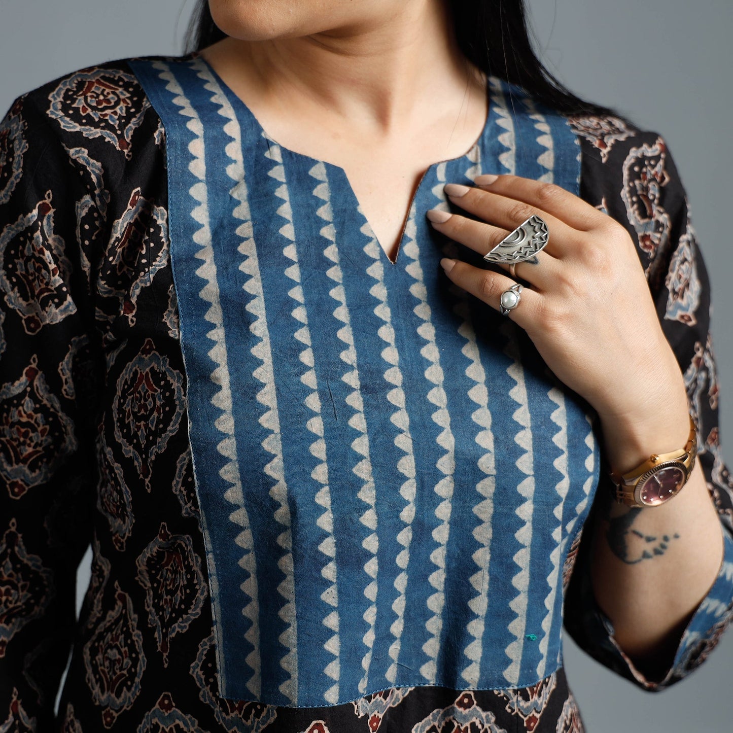 Black - Cotton Long Kurta in Ajrakh Block Prints of Kutch