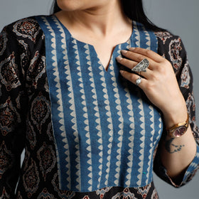 Black - Cotton Long Kurta in Ajrakh Block Prints of Kutch