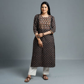 Black - Cotton Long Kurta in Ajrakh Block Prints of Kutch