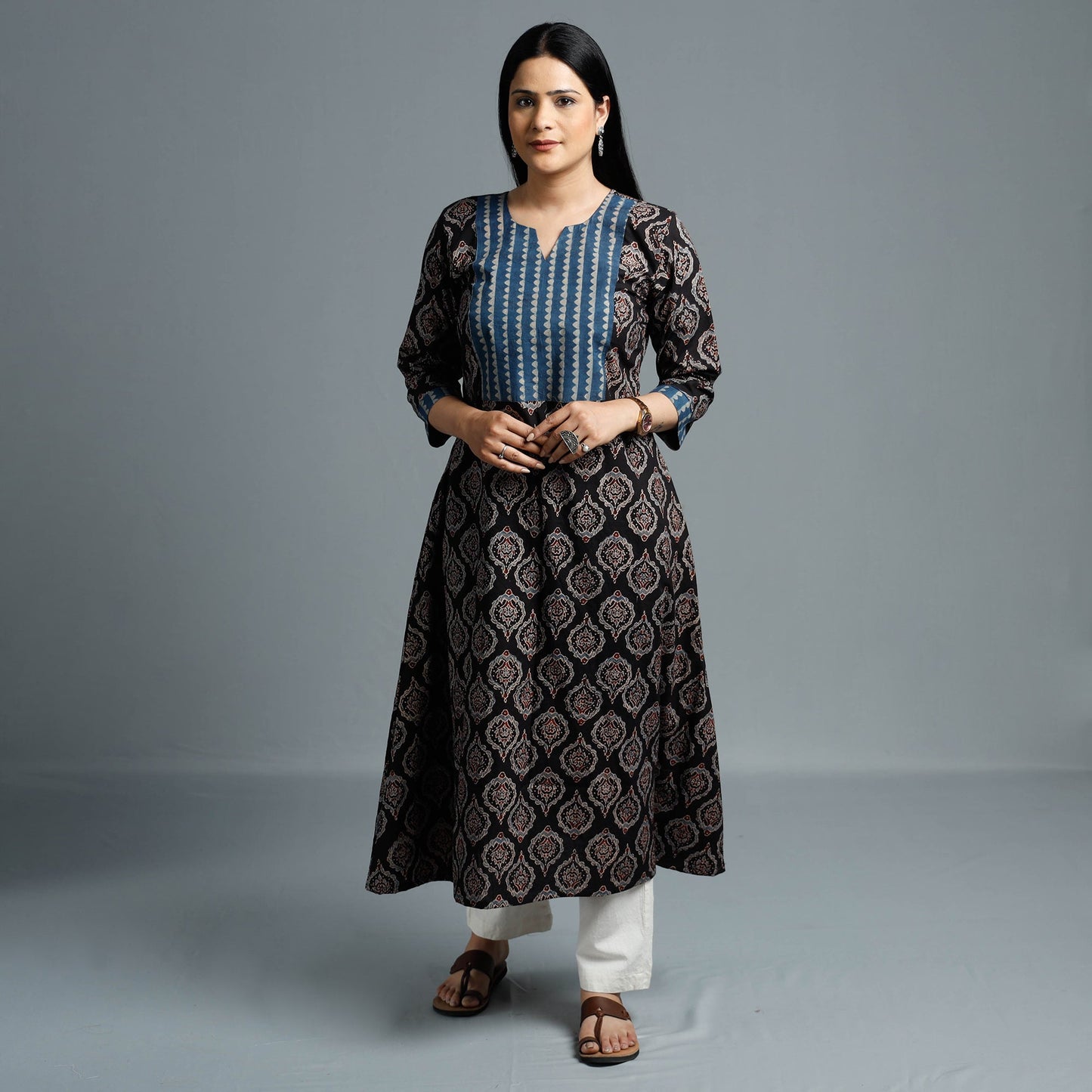 Black - Cotton Long Kurta in Ajrakh Block Prints of Kutch