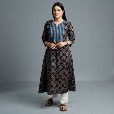Black - Cotton Long Kurta in Ajrakh Block Prints of Kutch
