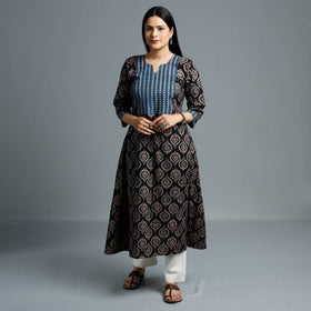 Black - Cotton Long Kurta in Ajrakh Block Prints of Kutch