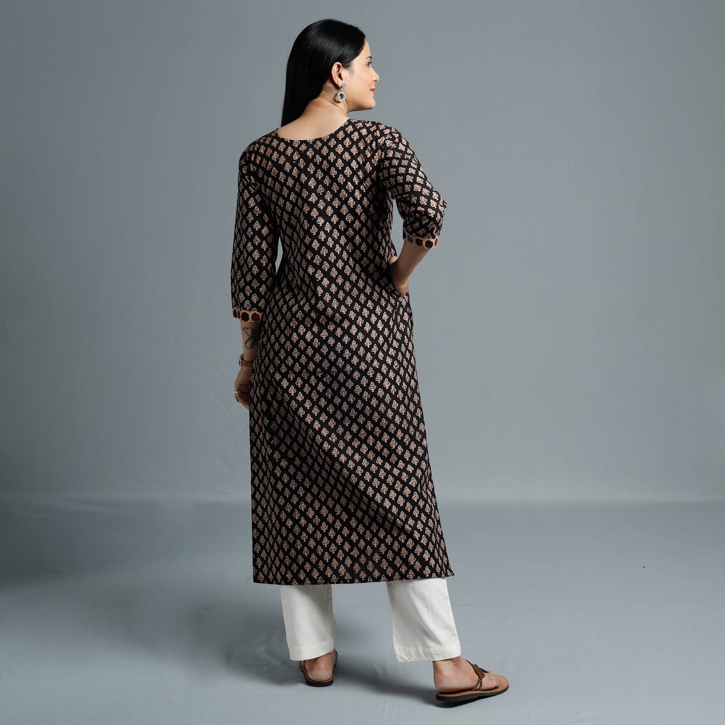 Black - Cotton Long Kurta in Ajrakh Block Prints of Kutch