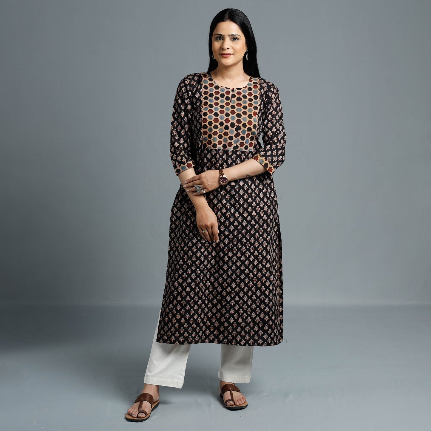 Black - Cotton Long Kurta in Ajrakh Block Prints of Kutch