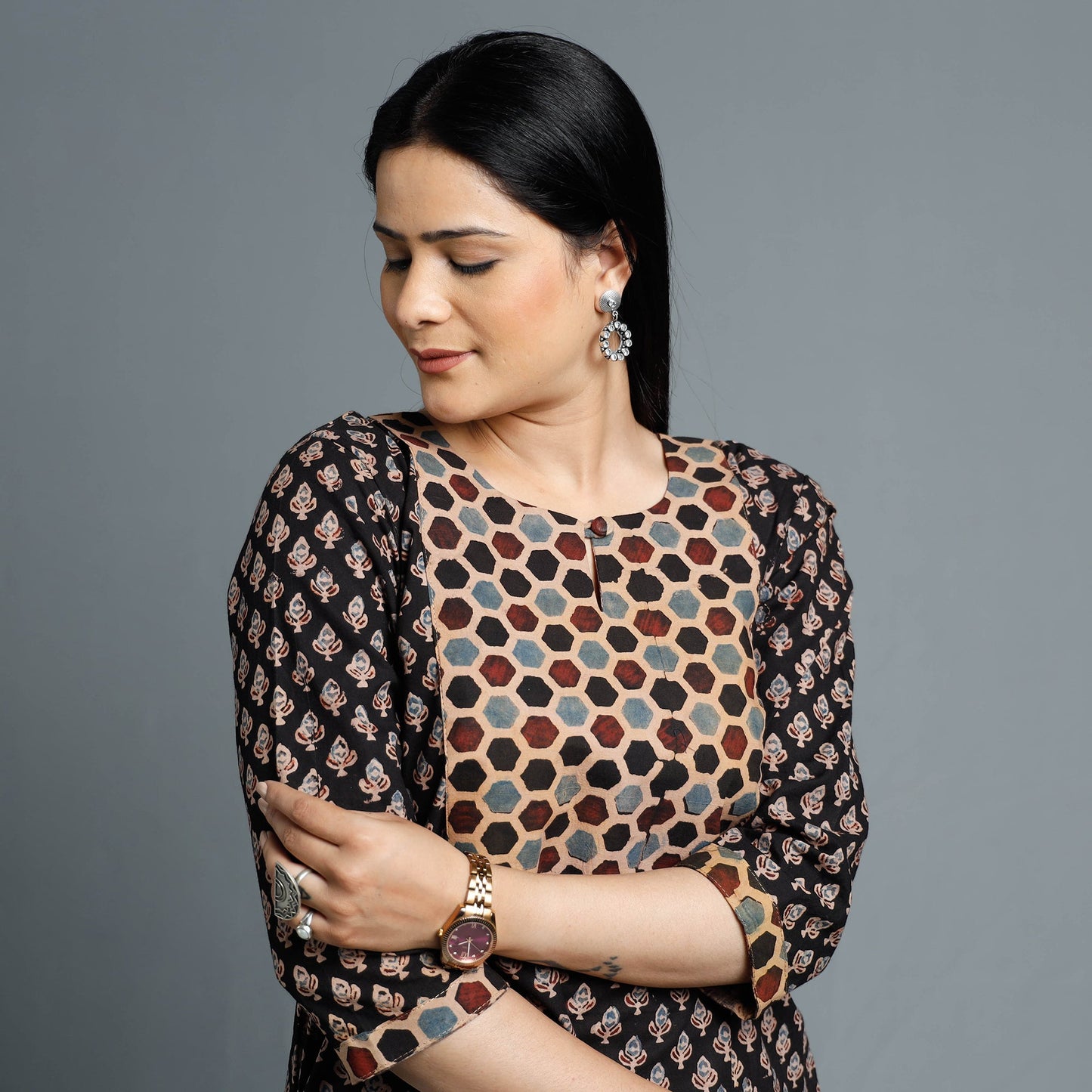 Black - Cotton Long Kurta in Ajrakh Block Prints of Kutch