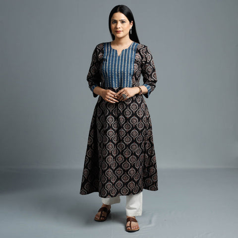 Black - Cotton Long Kurta in Ajrakh Block Prints of Kutch