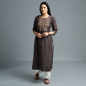 Black - Cotton Long Kurta in Ajrakh Block Prints of Kutch