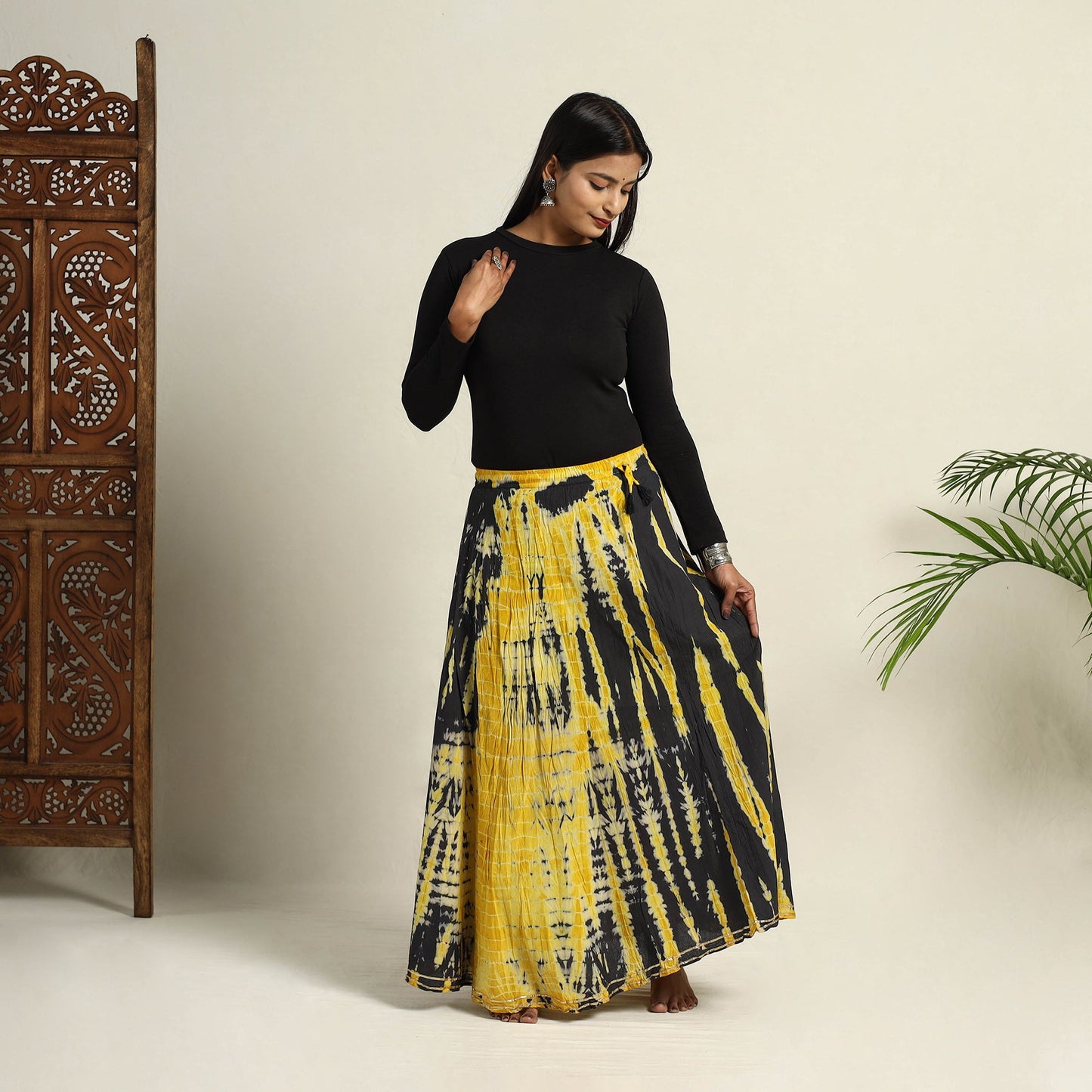 Buy Black Cotton Long Shibori Tie-Dye Skirt