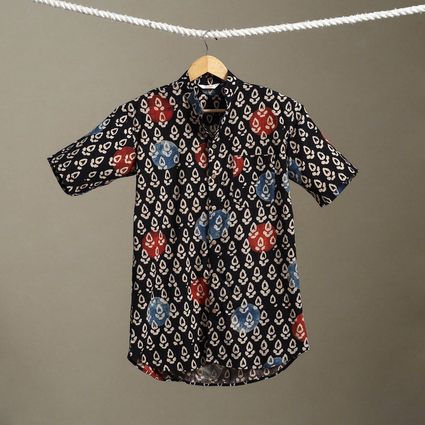 Black Block Print Cotton Men Half Sleeve Ajrakh Shirt