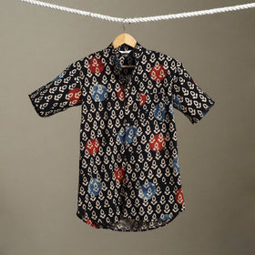 Black Block Print Cotton Men Half Sleeve Ajrakh Shirt