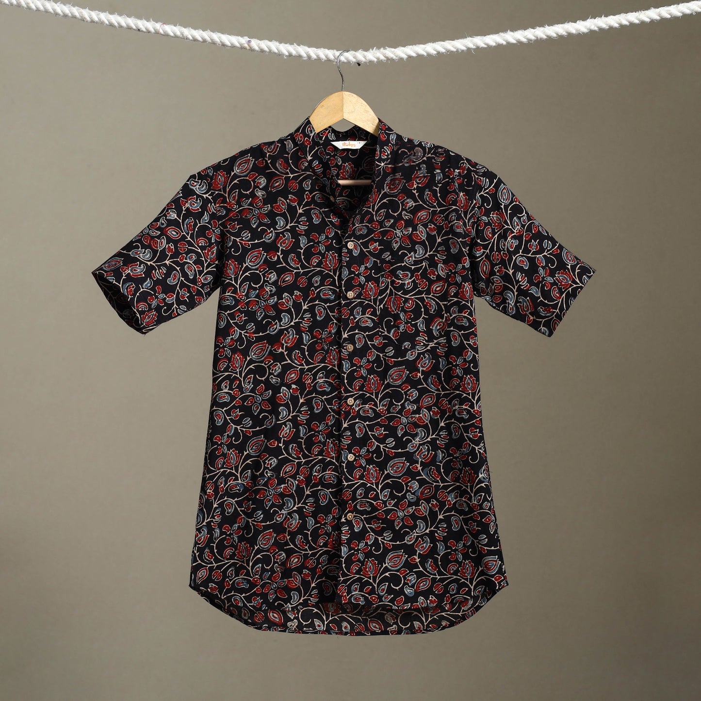 Black Block Print Cotton Men Half Sleeve Ajrakh Shirt