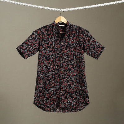 Black Block Print Cotton Men Half Sleeve Ajrakh Shirt